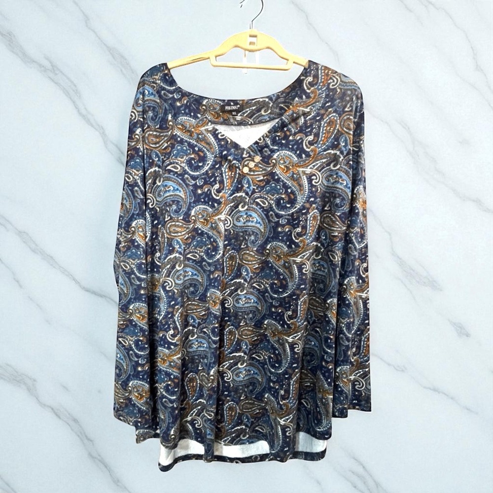 Folunsi Blue Orange Paisley Print Pullover Blouse‎ Shirt Top Long Sleeve Plus 3X